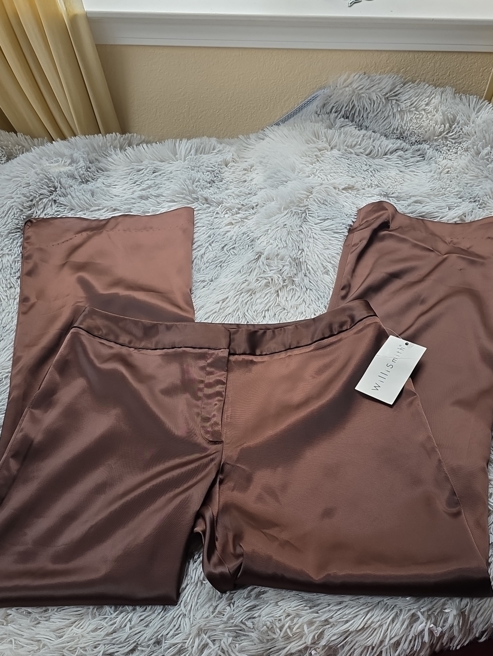 Willi Smith Chocolate Brown Satin Wide-Leg Pants